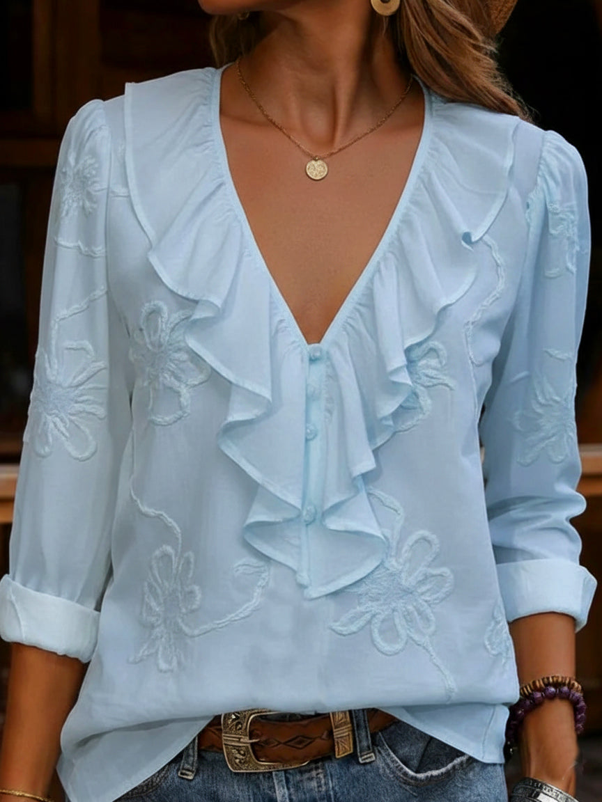 Vintage Ruffled V-neck Shirt with Embroidered Flowers