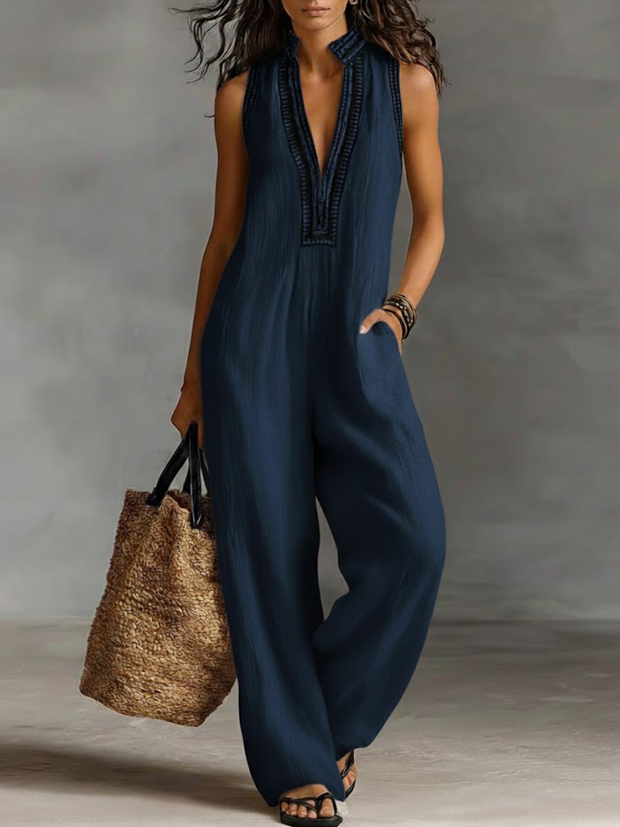 Women's V-Neck Sleeveless Casual Loose Cotton And Linen Jumpsuit