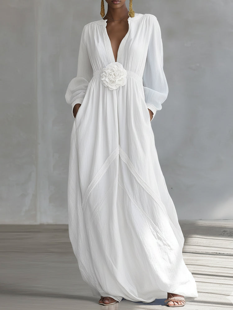 Elegant Three-Dimensional Floral Cotton And Linen Maxi Dress