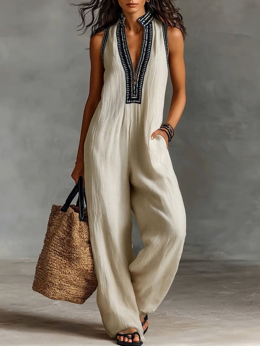 Women's V-Neck Sleeveless Casual Loose Cotton And Linen Jumpsuit