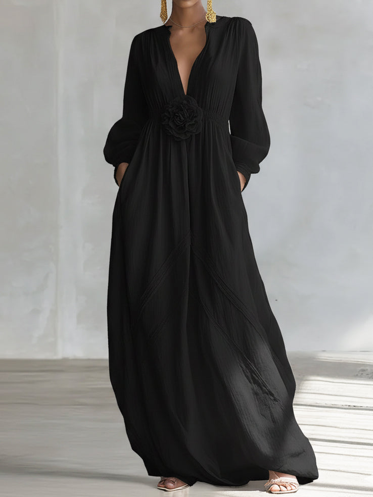 Elegant Three-Dimensional Floral Cotton And Linen Maxi Dress