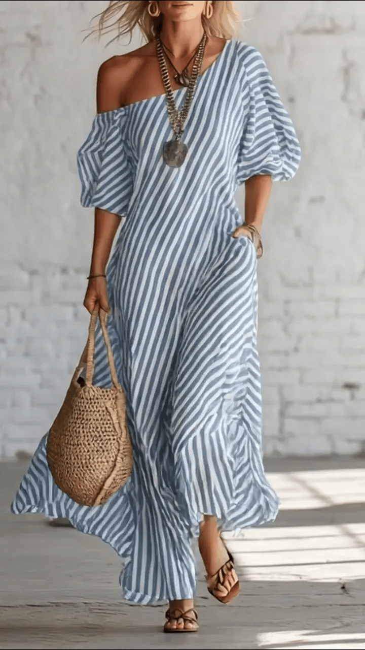 Elegant And Classic Striped Off-Shoulder Maxi Dress