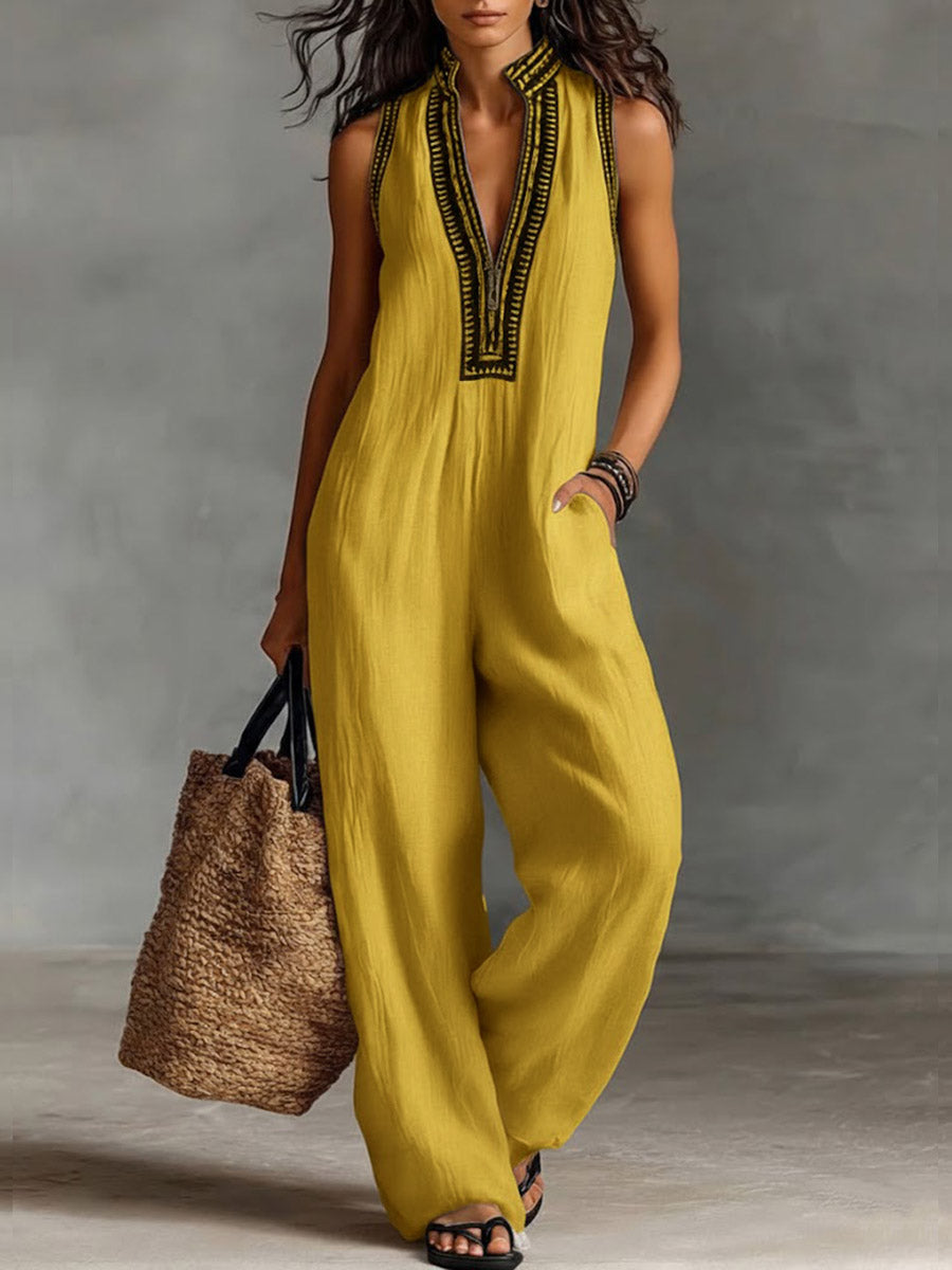 Women's V-Neck Sleeveless Casual Loose Cotton And Linen Jumpsuit