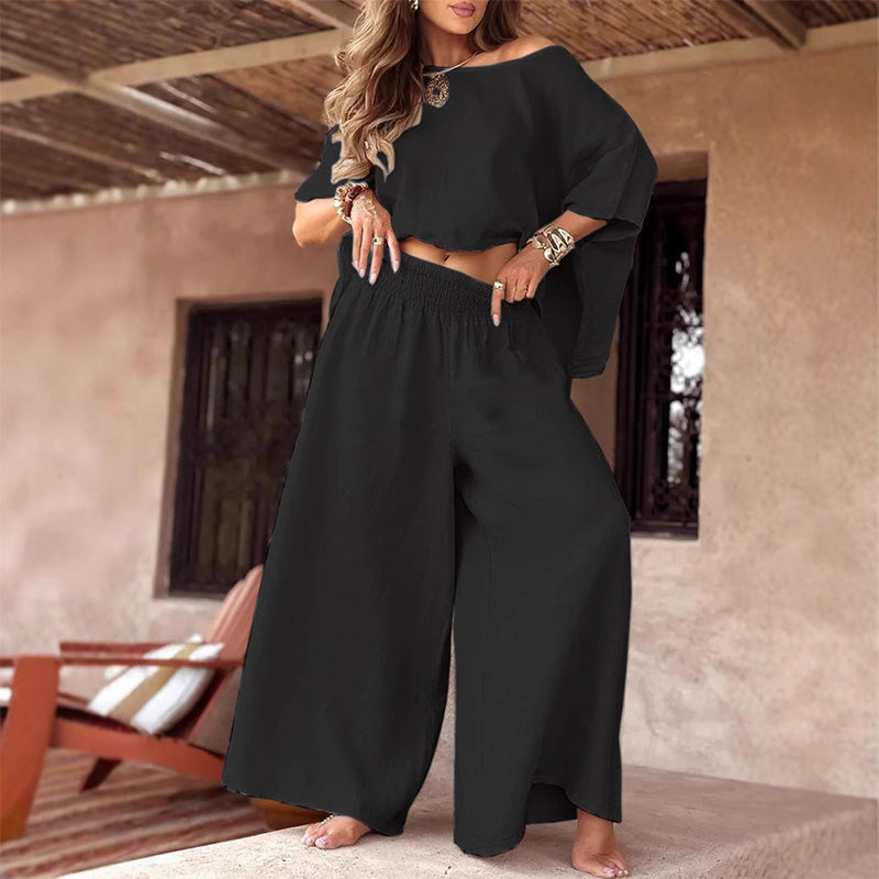 Women's Casual Off-Shoulder Top & Wide-Leg Pants Two-Piece Set