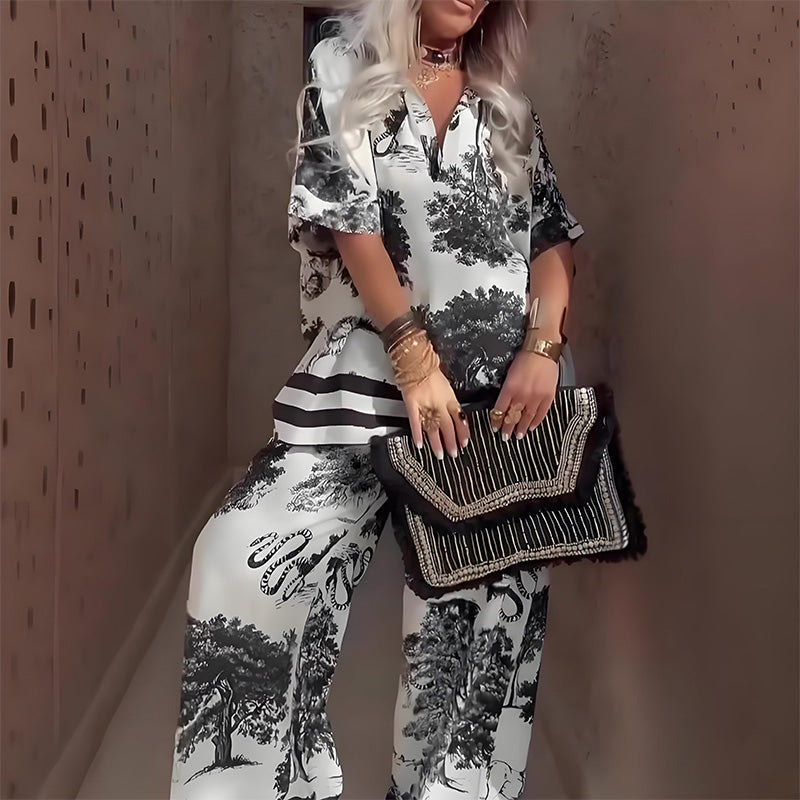 Printed V-Neck Top with Long Pants