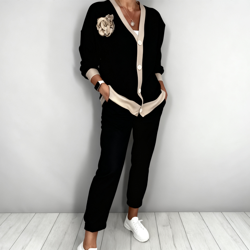 Women's Casual V-Neck Top & High Waist Pants 2-Piece Set